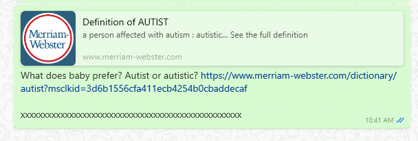 Screenshot of a link to a definition of autist in the Merriam-Webster online dictionary.