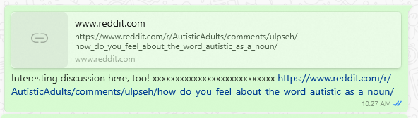 Screenshot of a link to a conversation on Reddit about the use of the word autistic as a noun.