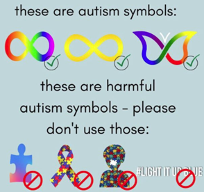 Autism symbols, including the infinity rainbow, the gold infinity symbol, and the infinity butterfly, above harmful Autism symbols including the puzzle piece, a puzzle piece ribbon, and the light it up blue hashtag.