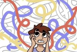 Cartoon image of a stressed young man with his hands at the sides of his head and blue, red, and yellow arrows snaking away in random directions behind him.