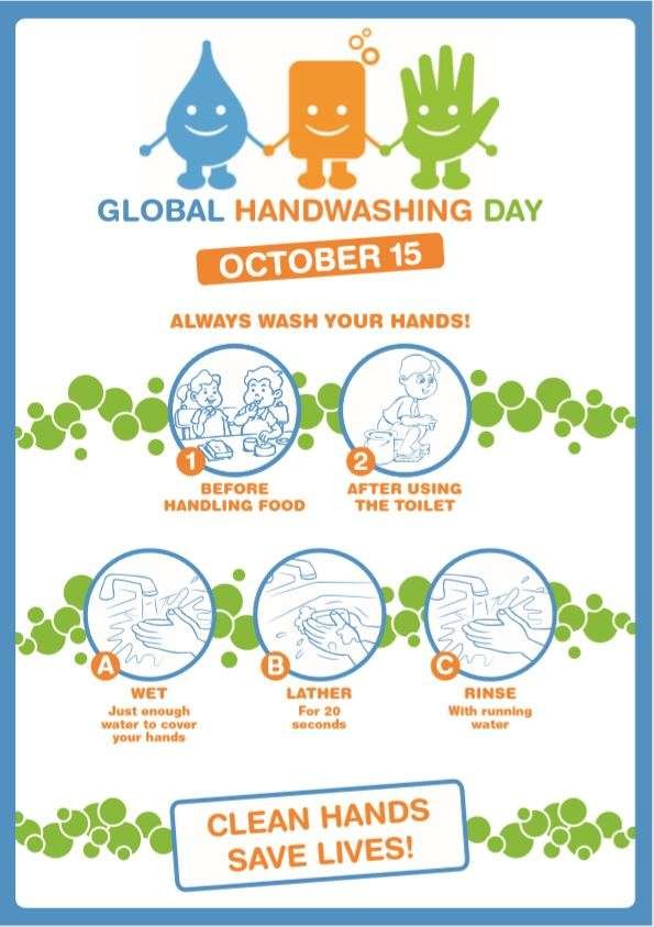 Global handwashing day poster with instructions about when and how to wash your hands.
