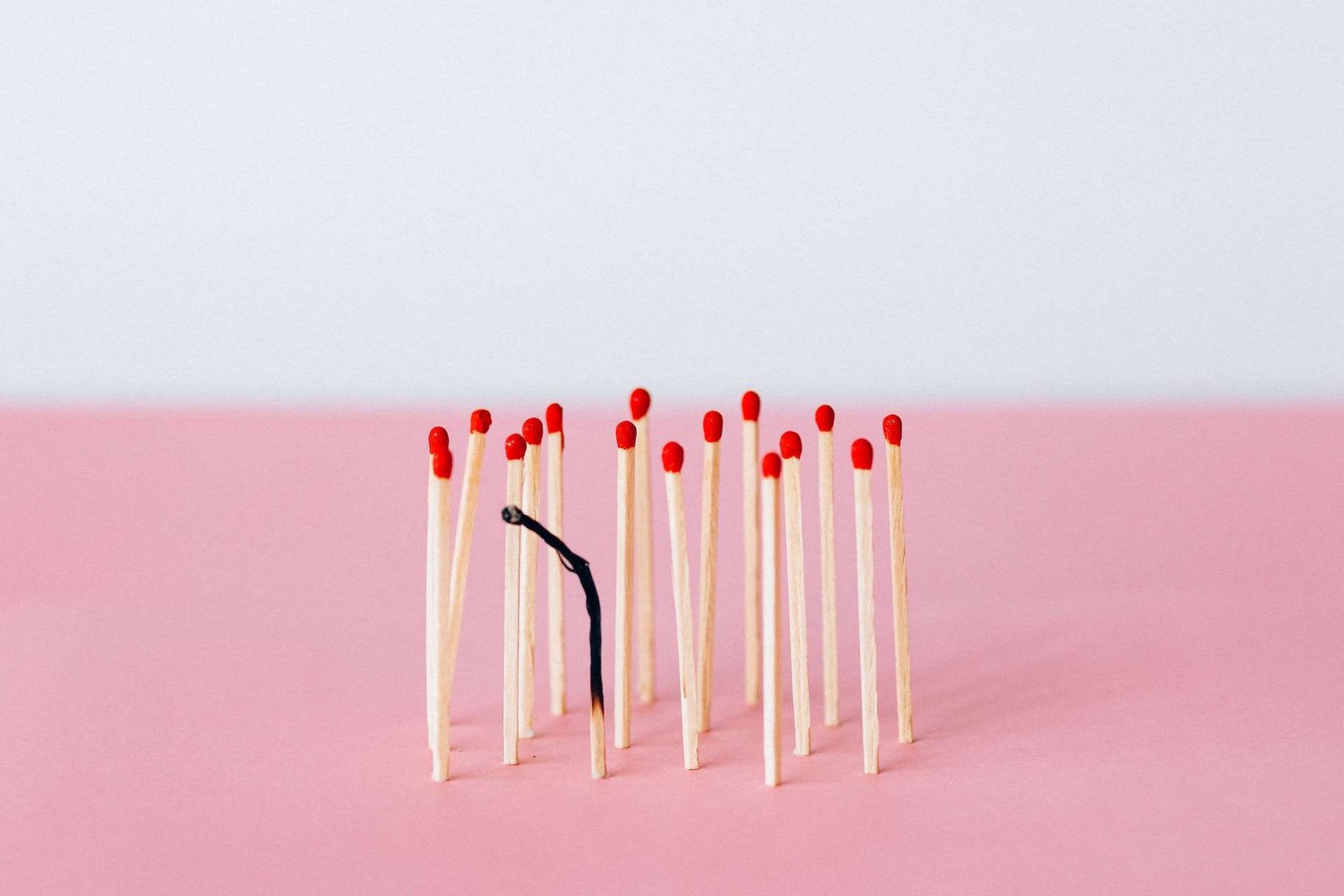 Unlit matches and one almost completely burnt down match standing on their ends on a pink surface.