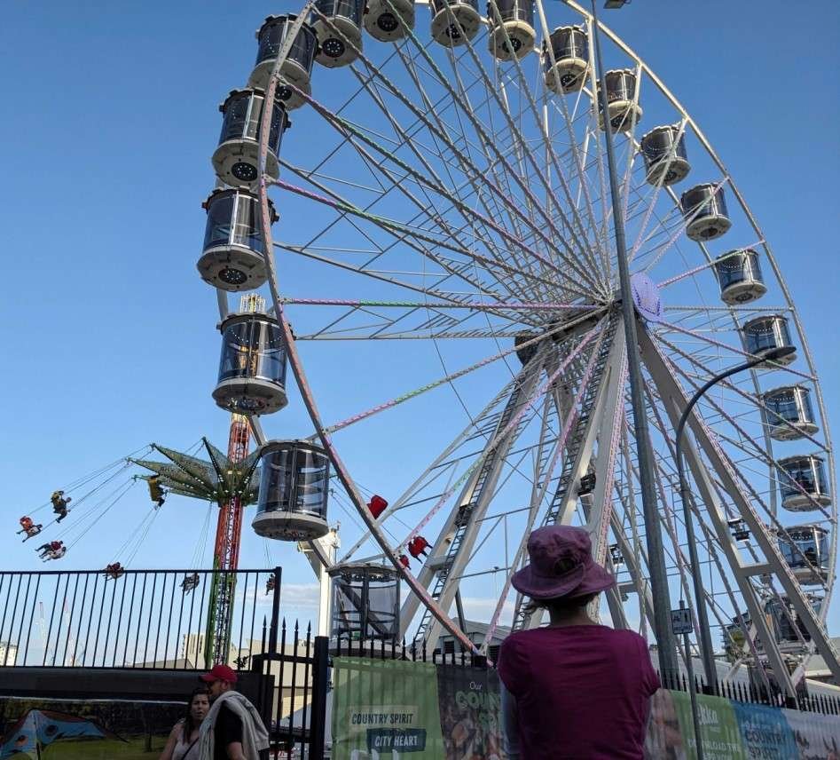 Glenn's wife standing with her back to the camera before a large Ferris wheel that looks above her.