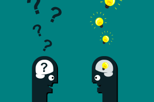 A graphic with two heads looking at one another. One head has question marks floating up from it while the other has yellow light bulbs floating up from it. All is on a teal background.