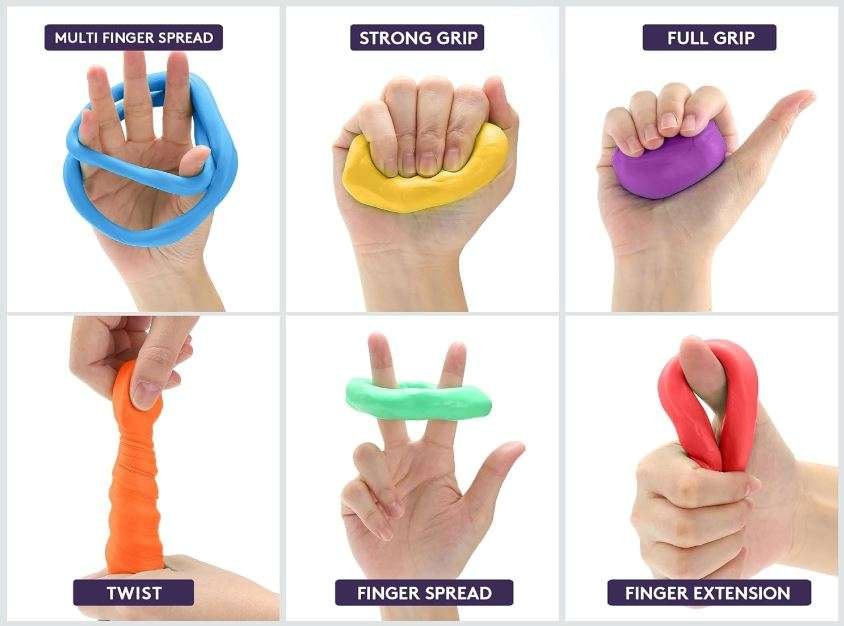 Six images each showing a different hand exercise you can do with therapy putty.